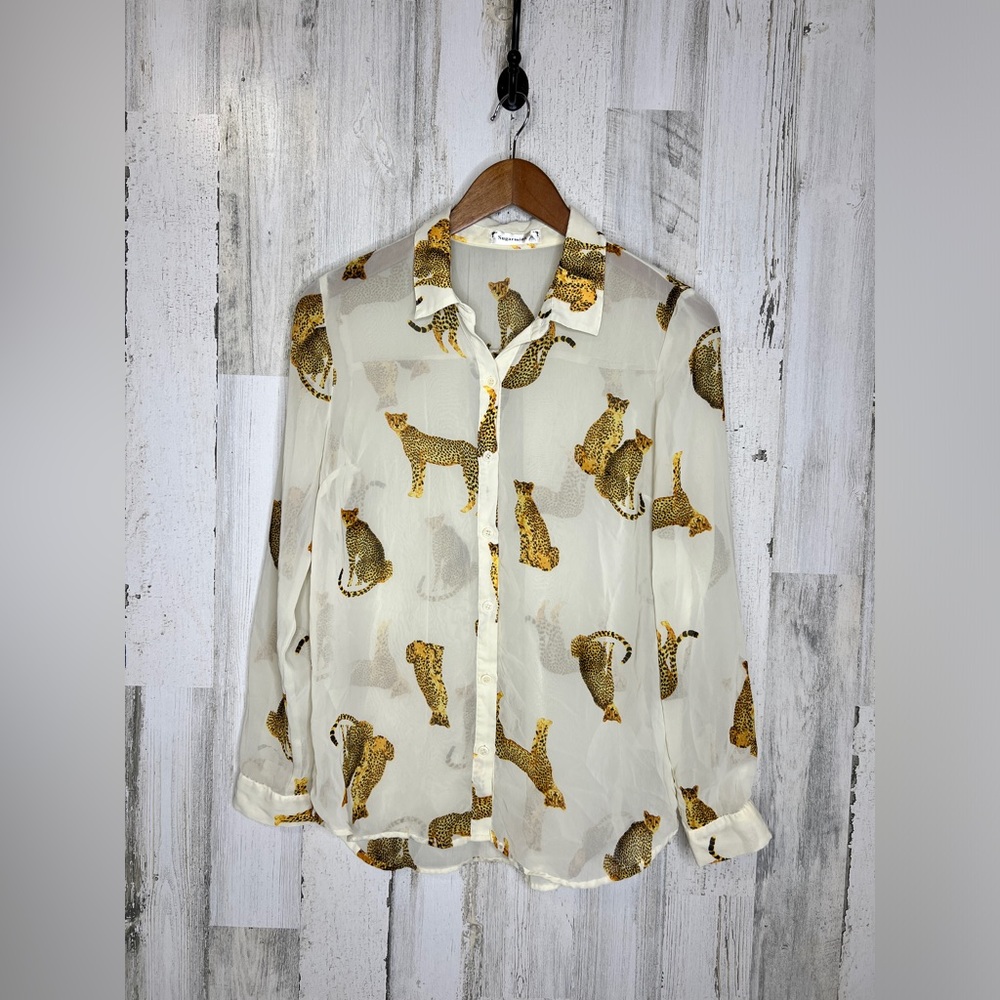 Sugarmint Women's Sheer Safari Animal Button Front Top White Orange Size Medium